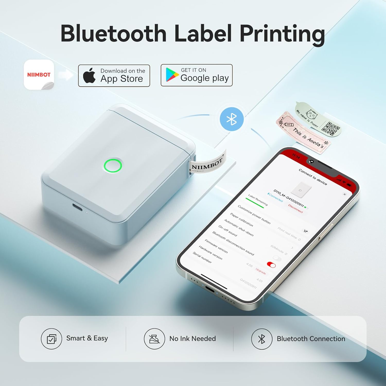 NIIMBOT D110 Upgraded Mini Label Maker, Bluetooh Thermal Inkless Sticker Printer